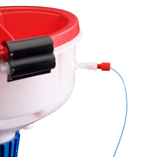 4" ECO Funnel with 38-430mm cap adapter, Red Lid, Customized with (1) 1/16 Luer Lock HPLC