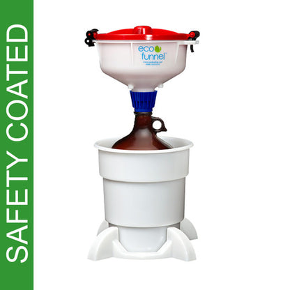 8" ECO Funnel System, 4 Liter Amber Glass Safety Coated Bottle (38-430), Secondary Container with Base, Red or Yellow Lid (EF-3004GLSC-SYS)