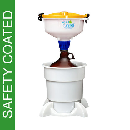 8" ECO Funnel System, 4 Liter Amber Glass Safety Coated Bottle (38-430), Secondary Container with Base, Red or Yellow Lid (EF-3004GLSC-SYS)