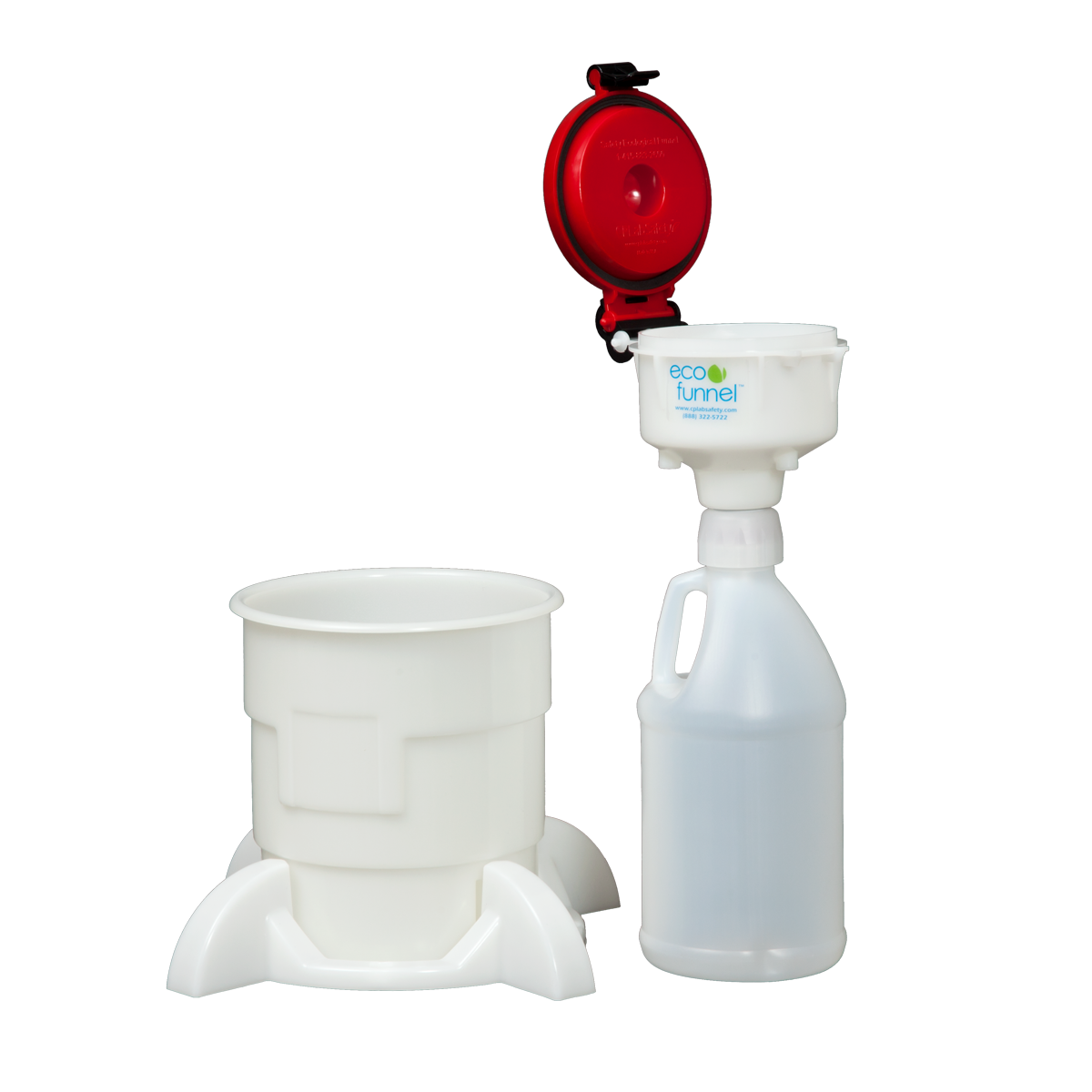 4" ECO Funnel System, 2 Liter HDPE Jug, Secondary Container with Base, Red Lid (EF-4-38-400-SYS)