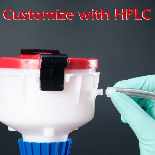 4" ECO Funnel System, 4 Liter LDPE Bottle (38-430), Secondary Container with Base, Customized with (1) 1/6" LL HPLC, Red or Yellow Lid (EF-4-38-SYS-HPLC)