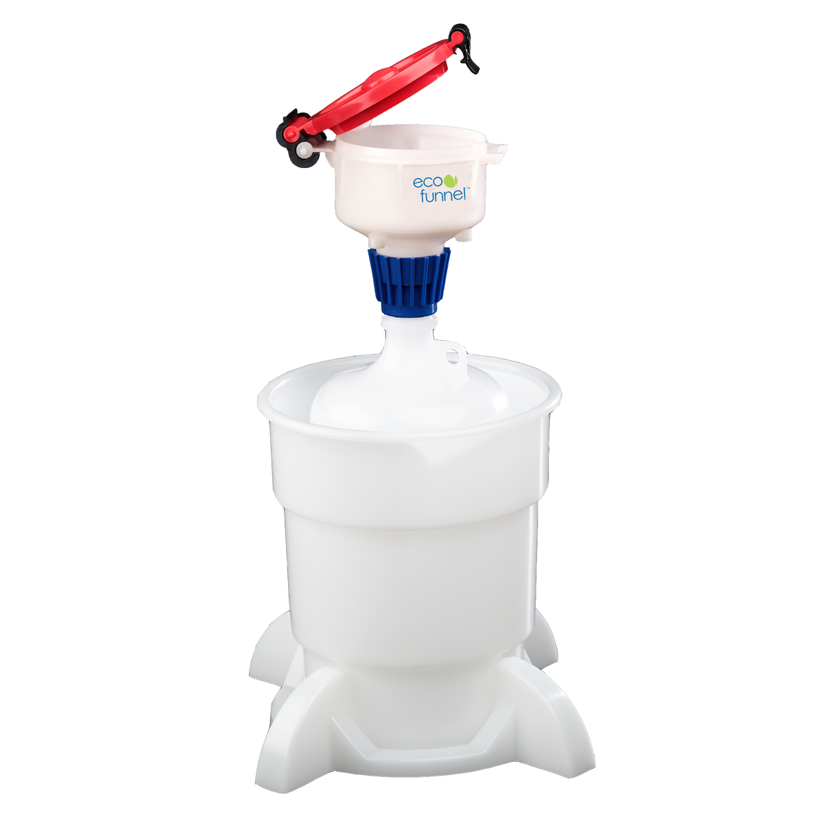 4" ECO Funnel System, 4 Liter LDPE Bottle (38-430), Secondary Container with Base, Red Lid