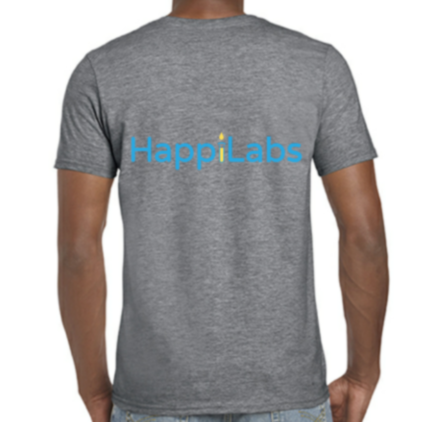 Heathered Gray t shirt with blue and yellow HappiLabs logo on back