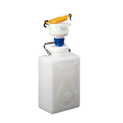 4" ECO Funnel System, 9 Liter HDPE Rectangular Carboy, 100mm Nalgene® Cap adapter, Red or Yellow Lid (EF-4-3009-SYS)